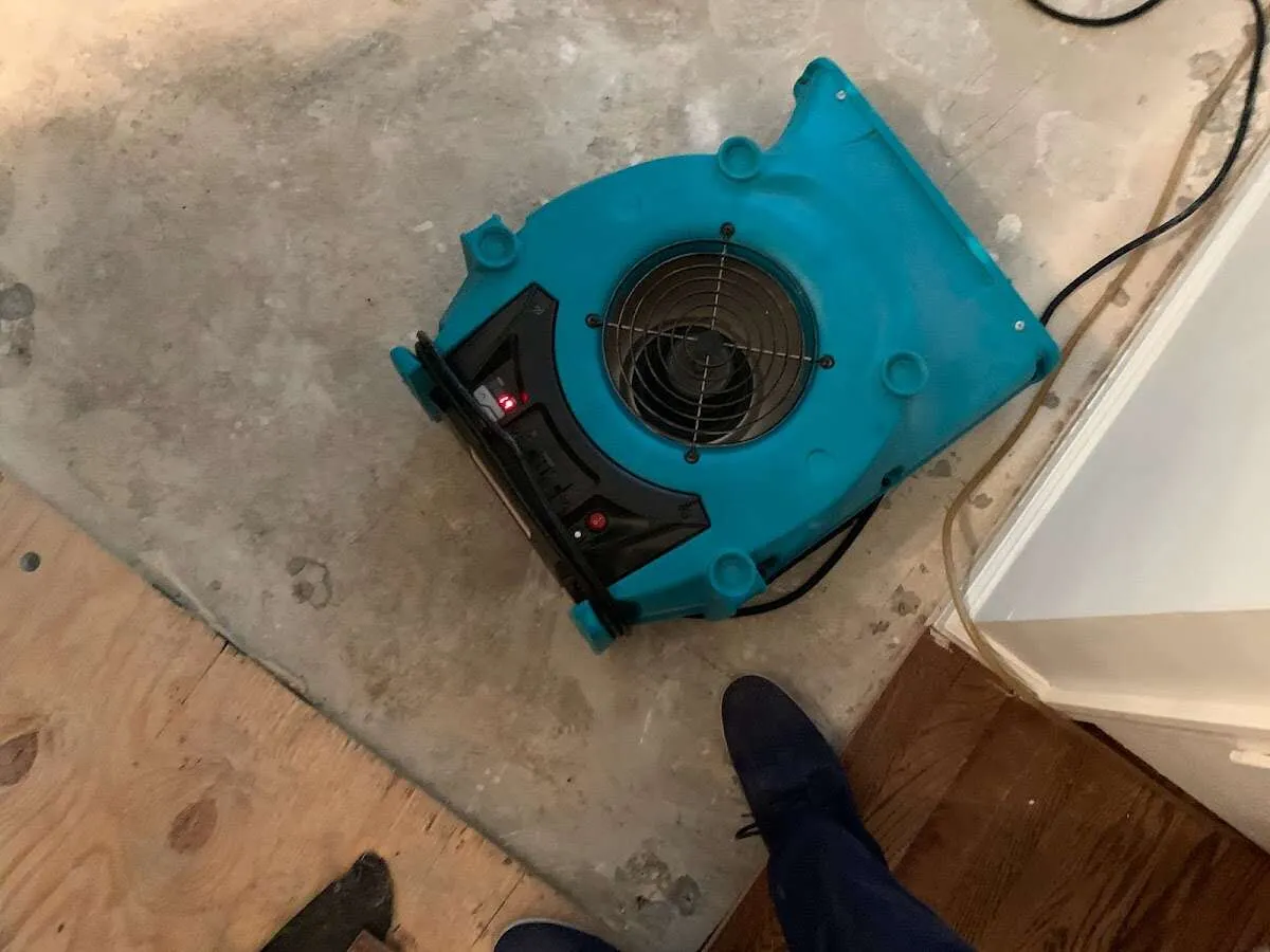 Air mover drying subfloor during Leak Detection & Repair in Maplewood